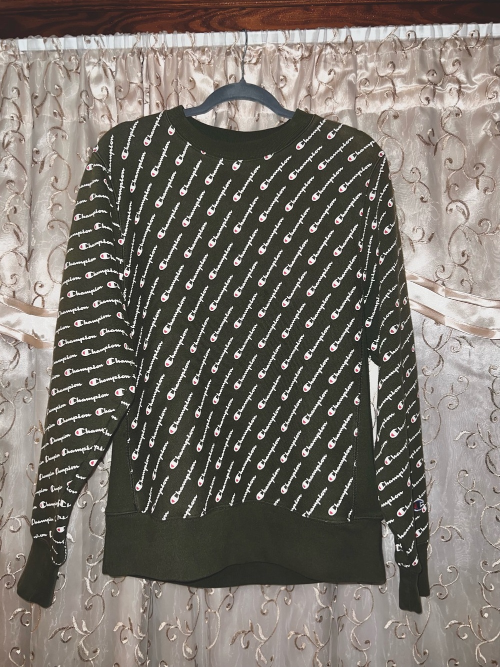 Champion Olive Green Allover Logo Crewneck Sweatshirt
